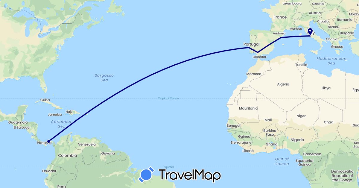 TravelMap itinerary: driving in Spain, Italy, Panama, Portugal (Europe, North America)